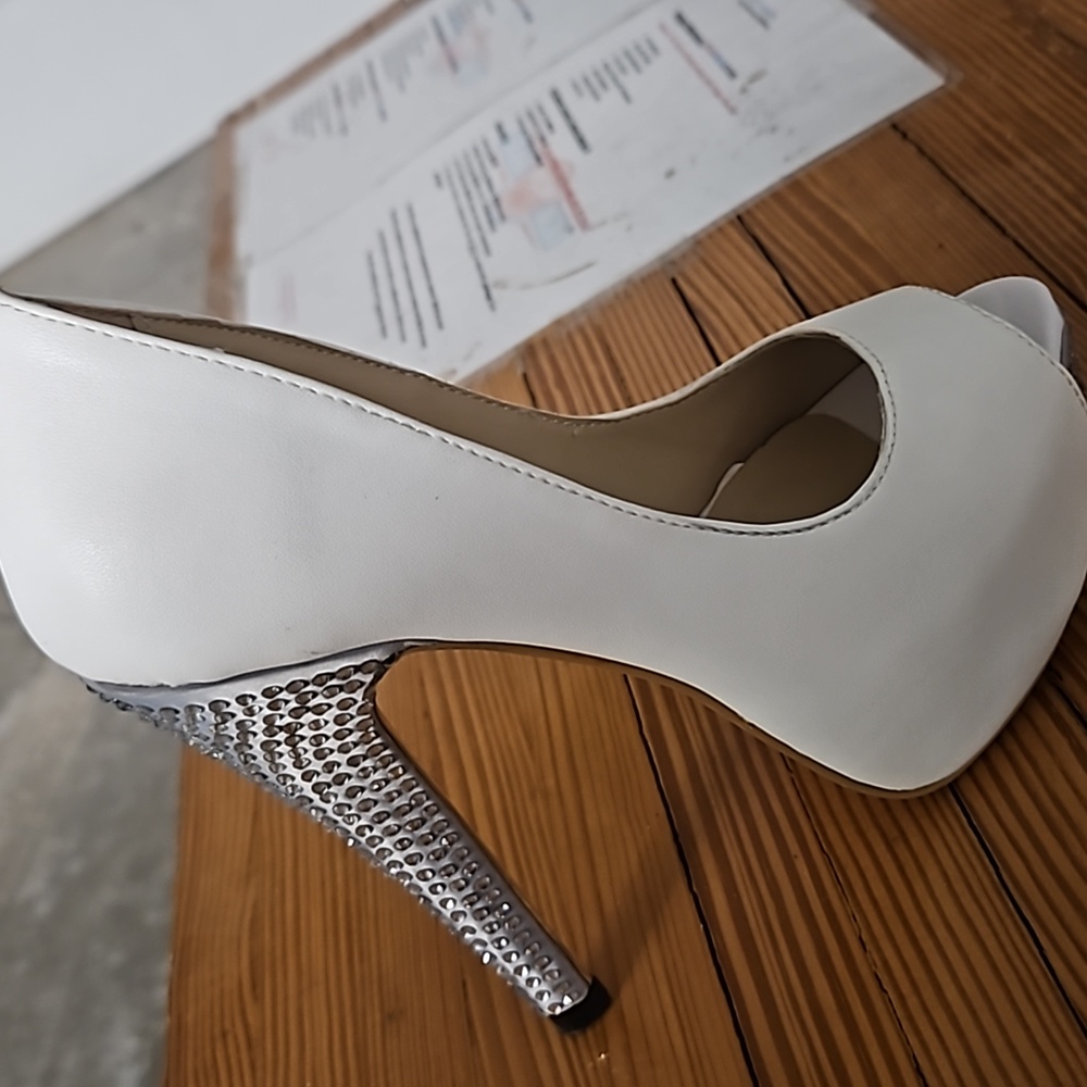 White Open-Toe High Heel Pumps with Crystal-Studded Heel - Picture 11 of 12